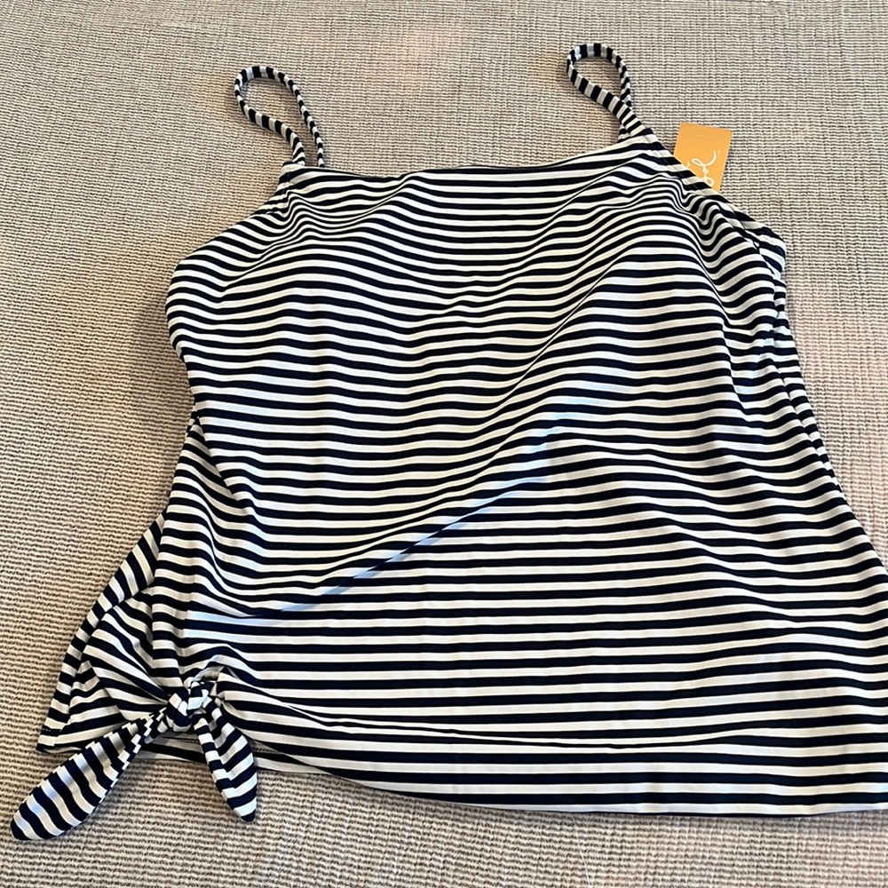 Woman’s blue and white stripe  swim top with removable cups. NWT